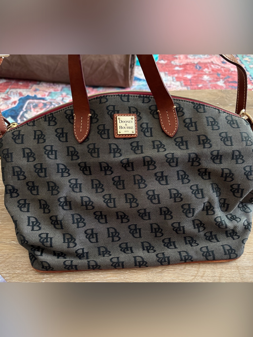 Dooney & Bourke Brown Logo Shoulder Bag with Leather Trim
